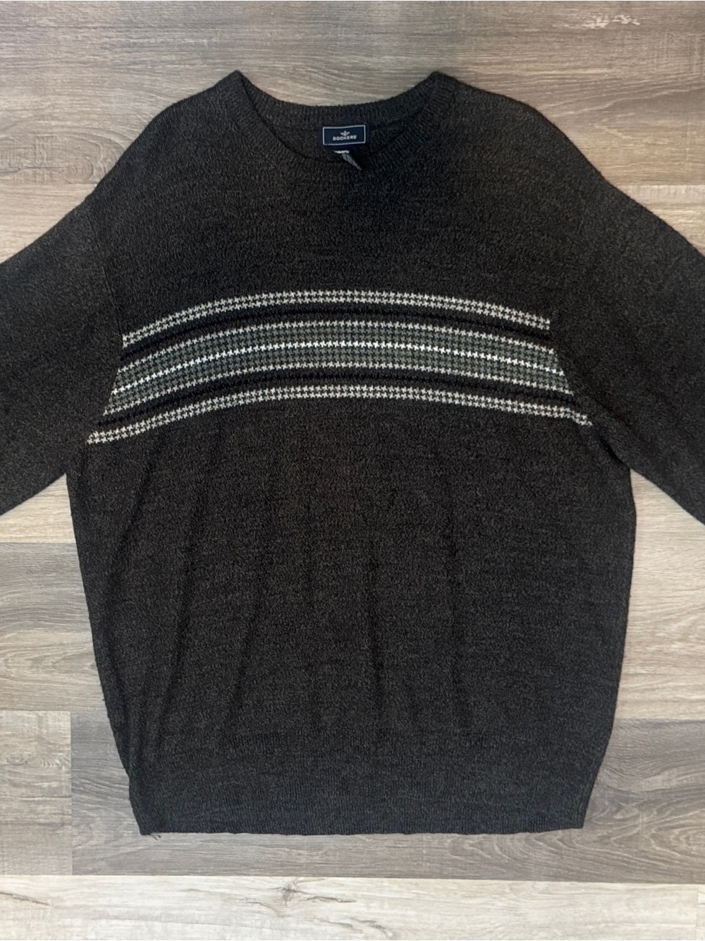 Vtg Dockers Gray Crewneck Sweater with Black and White Striped Chest